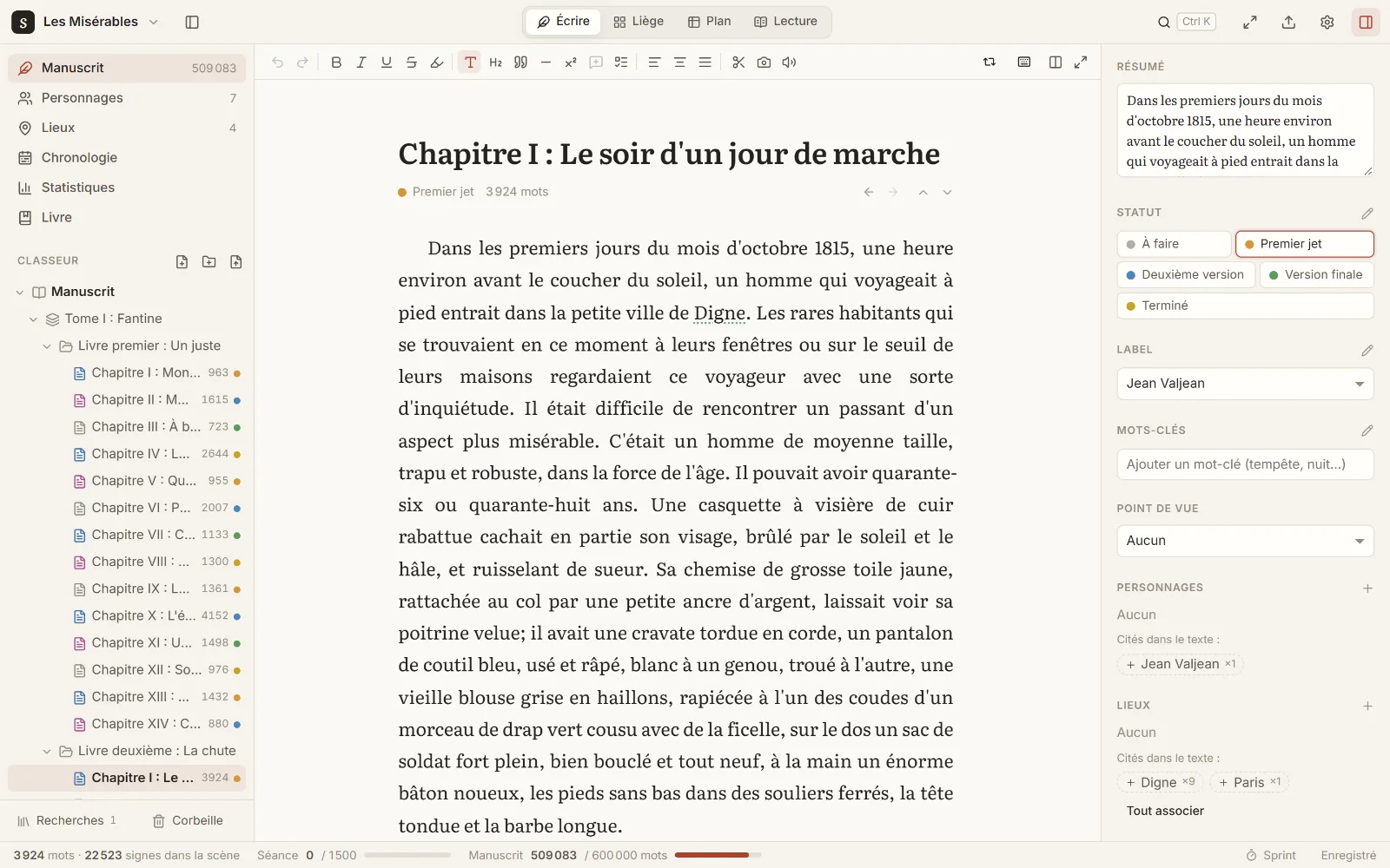L'éditeur de Scribkat : le classeur des chapitres à gauche, le texte au centre, l'inspecteur de la scène à droite